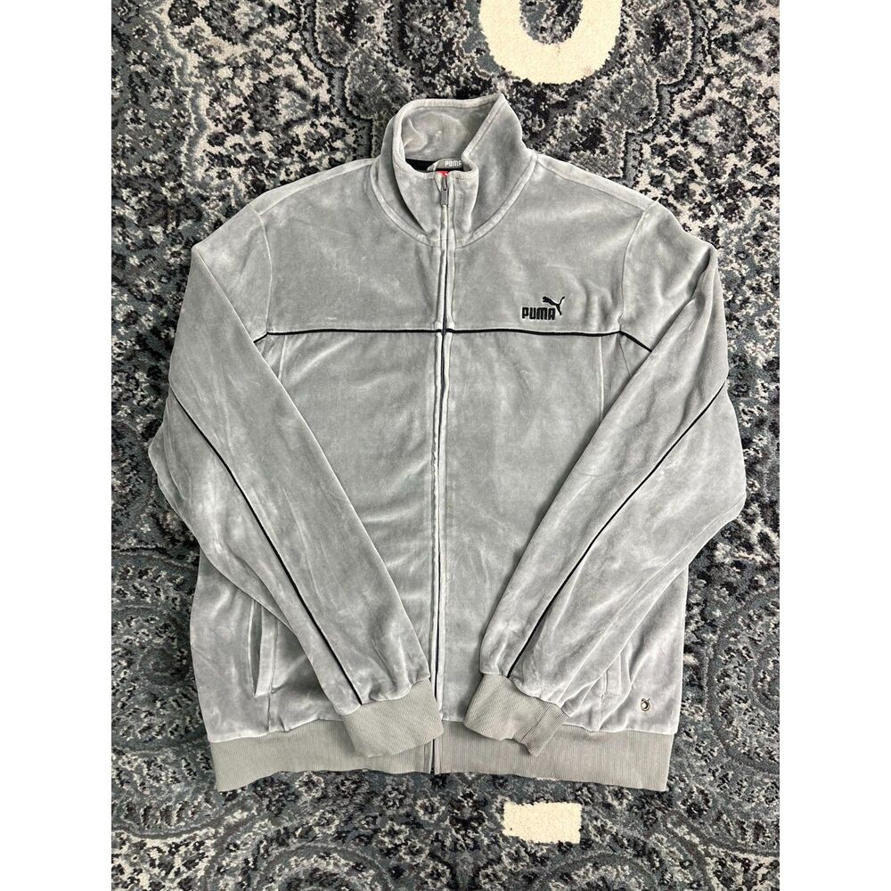 Vintage Y2k Mens Puma Brand Velour Track jacket Size Large Gray